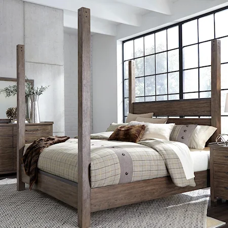 Contemporary Queen Poster Bed with Metal Strip Accents